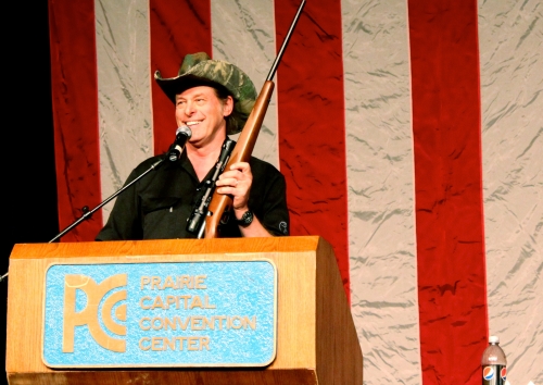 Ted Nugent auctioned off a rifle for the Sangamon County Republican Party on Feb. 10, 2012, at the Prairie Capital Convention Center in Springfield, Ill. He was the keynote speaker at the group's annual Lincoln Day Dinner. (Brian Mackey/WUIS)