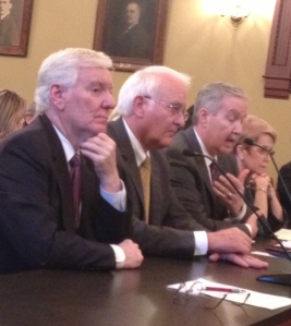 U. of I. President Robert Easter, second from left, testifies at the Statehouse in this May 16, 2013 file photo. (WUIS)